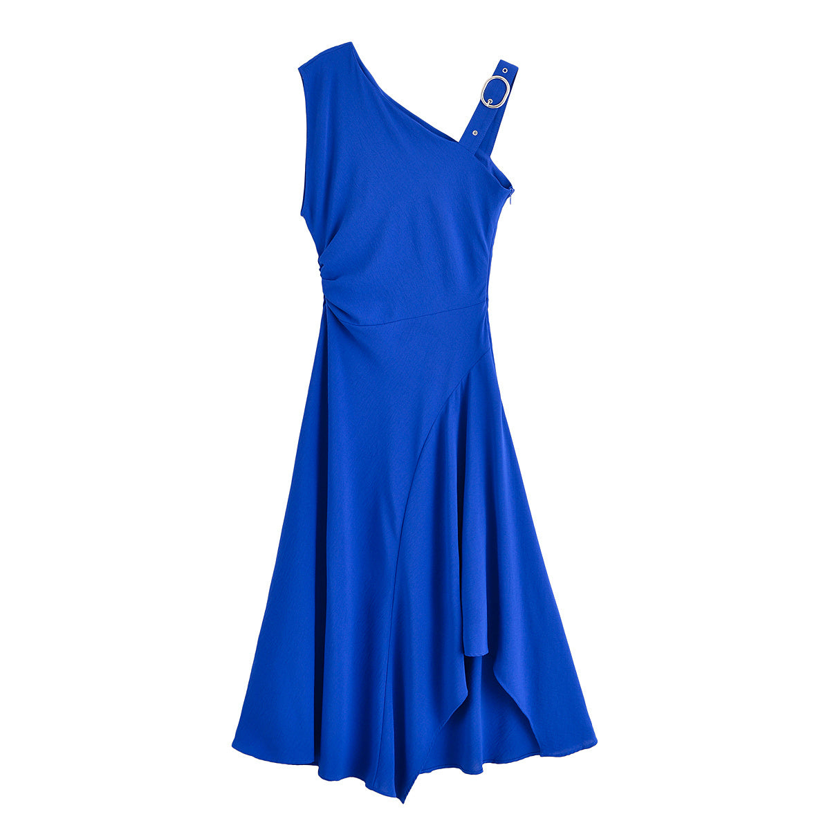Women's new fashion Asymmetric Metal Buckle Design Slant Shoulder Midi Dress