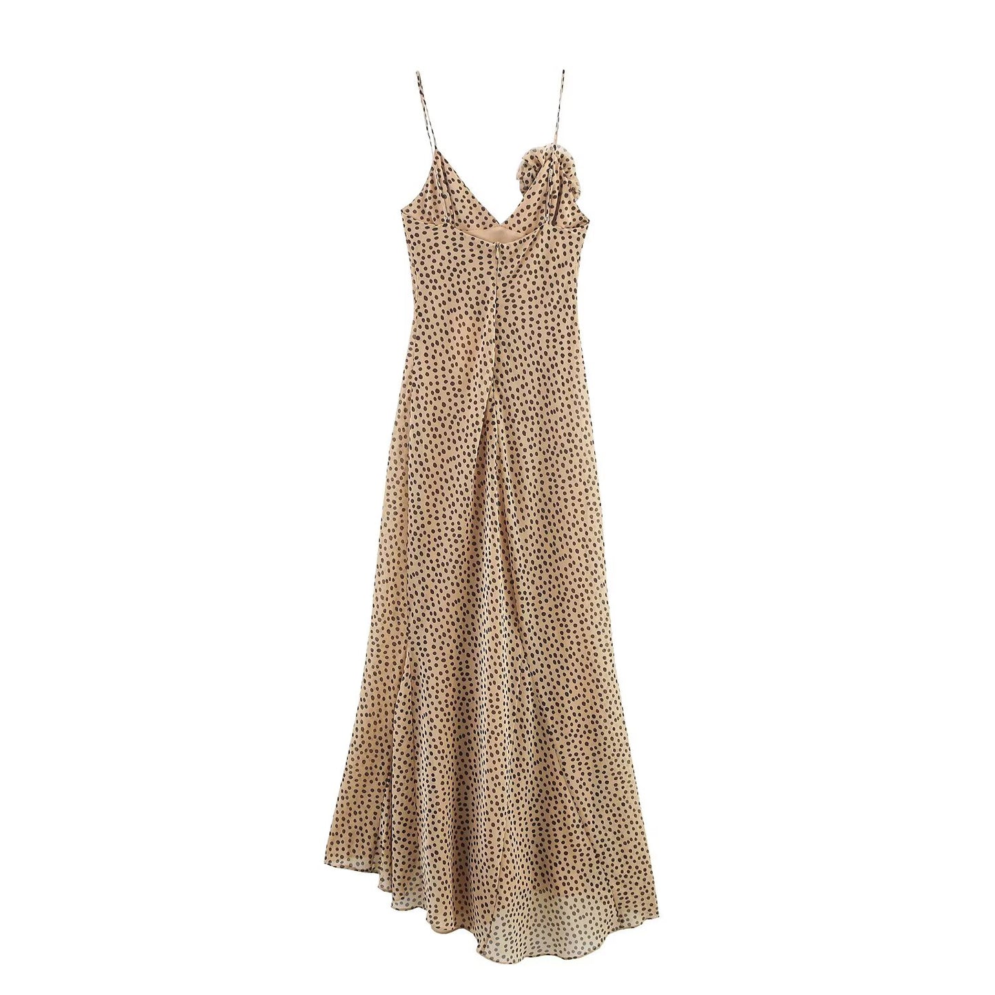 Women's new fashion flower decoration polka dot print suspender MIDI dress