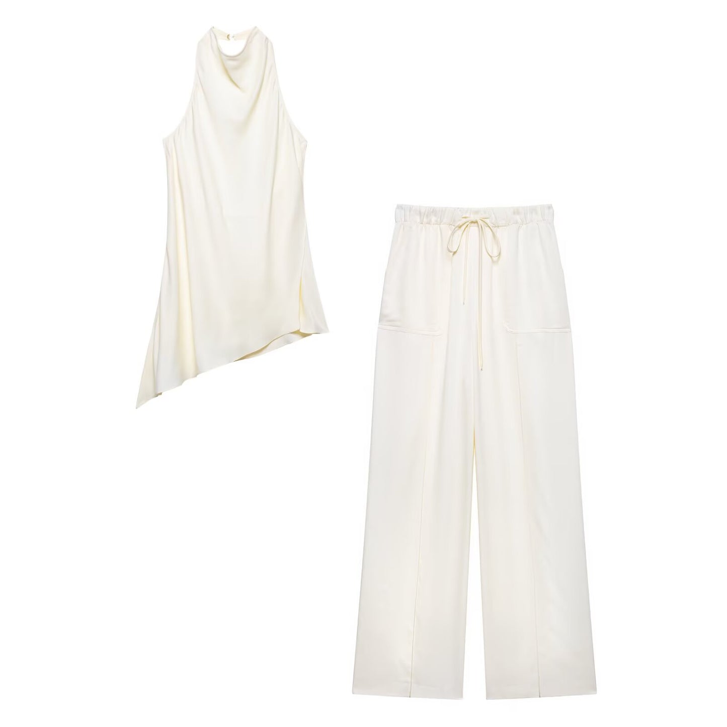 suit Women's 2 pieces fashion sleeveless satin texture hanging neck top+Pants suit