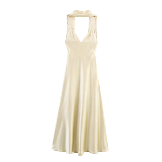 Women's Summer Fashion Scarf Decoration Satin Texture suspender Midi Dress