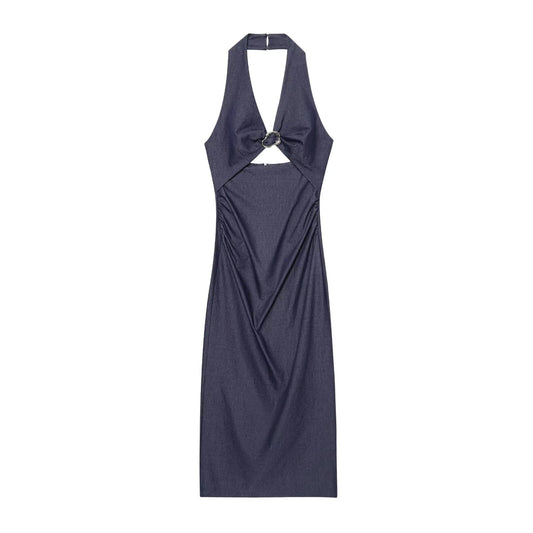 Women's New Fashion Open Design Tight Cowboy Hanging Neck Midi Dress