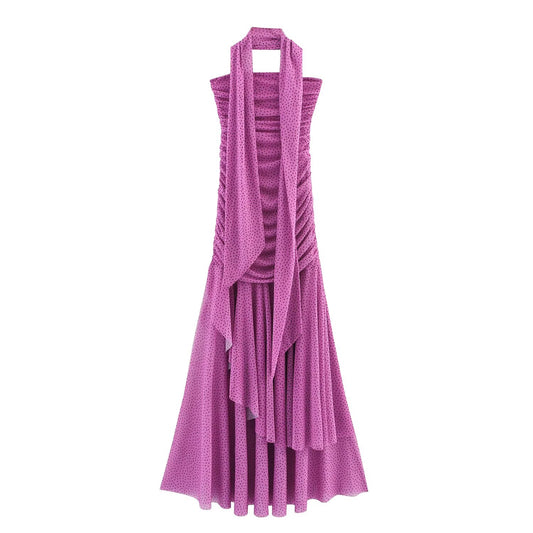 Women's new fashion with scarf polka dot print pleated strapless MIDI dress