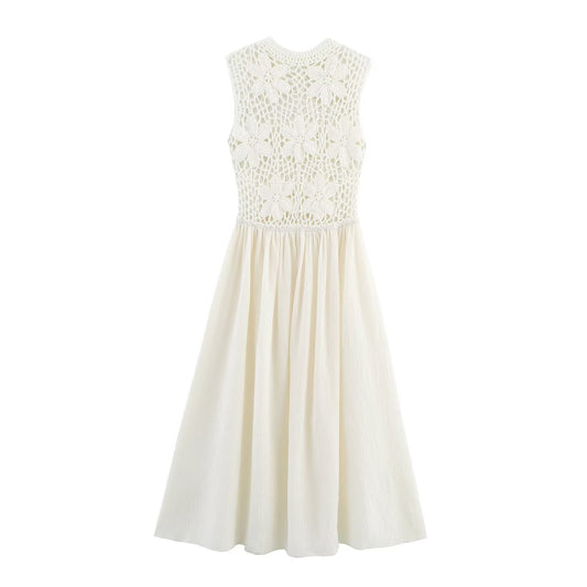 Women's New Fashion Sleeveless Flower Embroidered Splicing Midi Dress